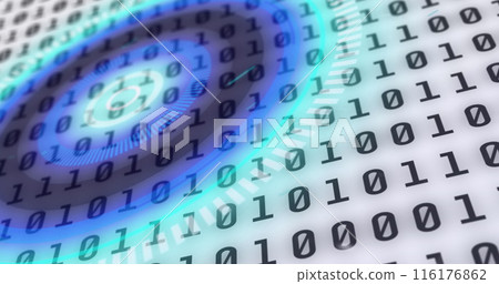 Image of blue circular scanner and binary data processing on white background Image of blue circular scanner and binary data processing on white background 116176862