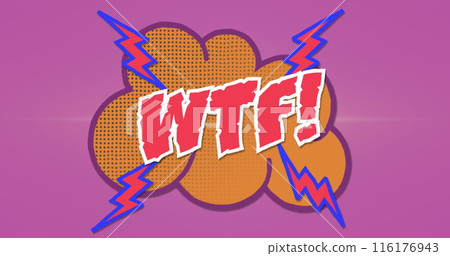 Image of wtf text over retro cloud speech bubble and flashes on pink background 116176943