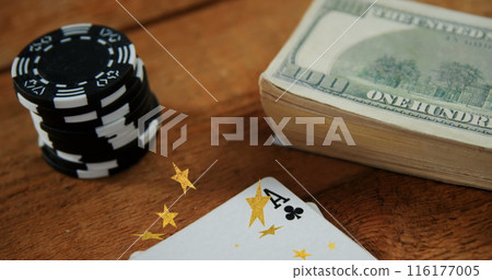 Image of stars falling over banknotes and chips Image of stars falling over banknotes and chips 116177005