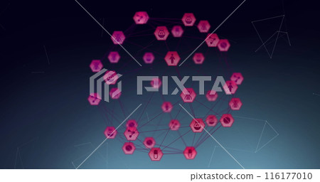 Image of network of digital icons over plexus networks against blue background Image of network of digital icons over plexus networks against blue background 116177010