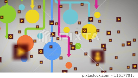 Image of multiple digital icons over abstract colorful shapes against grey background 116177013
