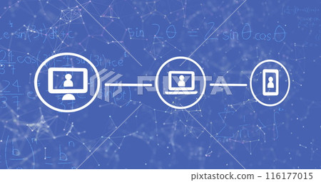 Image of digital icons over network of connections and mathematical equations on blue background Image of digital icons over network of connections and mathematical equations on blue background 116177015