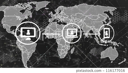 Image of network of digital icons over world map against grey background Image of network of digital icons over world map against grey background 116177016