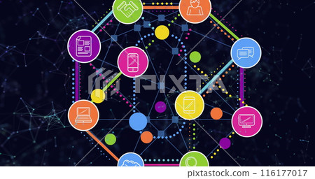 Image of globe of digital icons over network of connections against black background Image of globe of digital icons over network of connections against black background 116177017