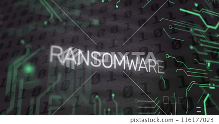 Image of ransomware text and binary coding data processing over computer motherboard 116177023