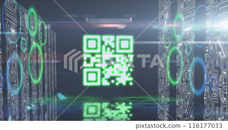Image of gr code, neon circles, light and data processing Image of gr code, neon circles, light and data processing 116177033