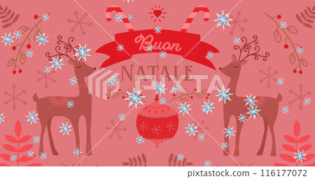 Image of falling snow on buon natale text over red background 116177072