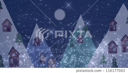 Image of falling snow and lights over mountains winter scenery 116177083