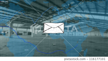 Image of message icon and statistical data processing over world map against empty warehouse Image of message icon and statistical data processing over world map against empty warehouse 116177101