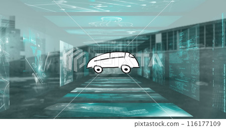Image of car icon over screens with medical data processing against empty warehouse Image of car icon over screens with medical data processing against empty warehouse 116177109