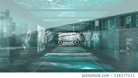 Image of car icon over screens with medical data processing against empty warehouse Image of car icon over screens with medical data processing against empty warehouse 116177111