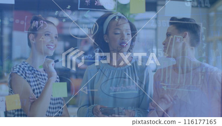 Image of icons and financial data processing over diverse casual business people Image of icons and financial data processing over diverse casual business people 116177165