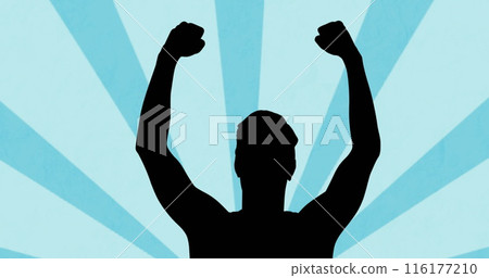 Image of man silhouette over shapes on blue background Image of man silhouette over shapes on blue background 116177210