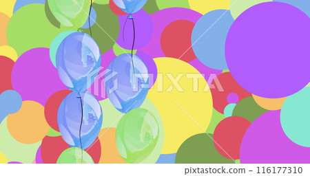 Image of emoticons over moving balloons over multicolored circles 116177310