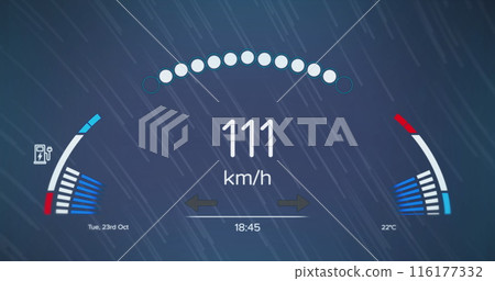 Digital image of speedometer over light trails falling against blue background 116177332