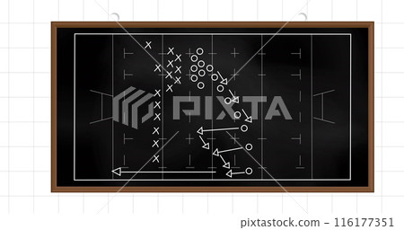 Image of football game strategy on black chalkboard against squared lined paper background 116177351