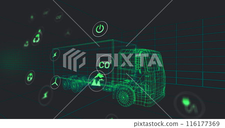 Image of eco icons and data processing over 3d car technical drawing Image of eco icons and data processing over 3d car technical drawing 116177369