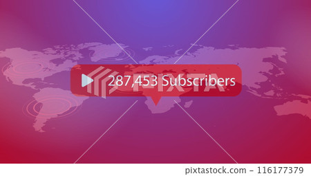 Image of increasing subscribers on speech bubble over world map on purple gradient background 116177379