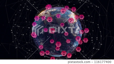 Image of connected pink icons and dots around globe rotating against black background Image of connected pink icons and dots around globe rotating against black background 116177400