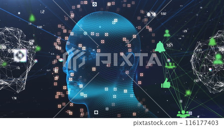Image of illuminating human face with connected icons and dots over abstract background 116177403