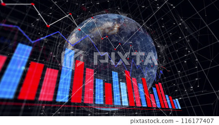 Image of statistical data processing and network of connections over spinning globe Image of statistical data processing and network of connections over spinning globe 116177407