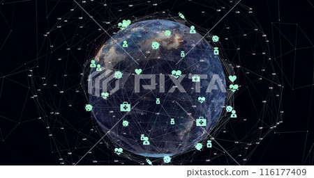 Image of connected icons and dots around rotating globe over black background Image of connected icons and dots around rotating globe over black background 116177409