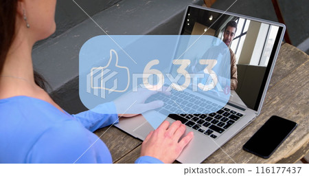 Image of thumbs up icon and numbers over caucasian businesswoman using laptop 116177437