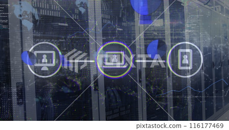 Image of network of digital icons and data processing against computer server room Image of network of digital icons and data processing against computer server room 116177469