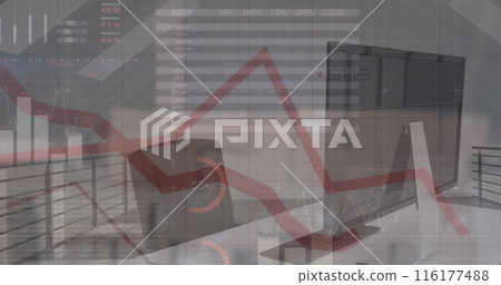 Image of financial data processing over office desk with computer 116177488