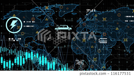 Image of digital icons over data processing and world map against black background 116177531