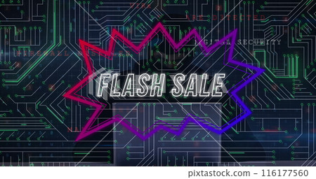 Image of flash sale text in speech bubble, circuit board pattern, masked hacker hacking laptop Image of flash sale text in speech bubble, circuit board pattern, masked hacker hacking laptop 116177560
