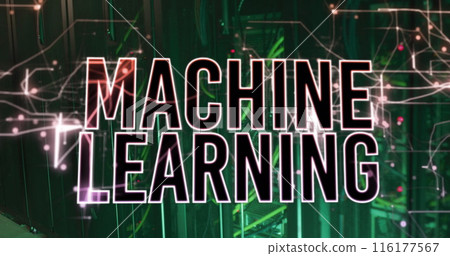 Image of machine learning text over abstract patterns against illuminated server racks Image of machine learning text over abstract patterns against illuminated server racks 116177567