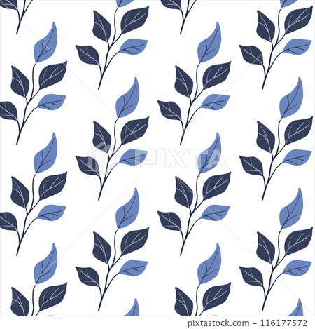 Seamless pattern. Simple Plant. Simple blue foliage on a white background. Ornament in Scandinavian style. Hand drown. Flat vector illustration 116177572