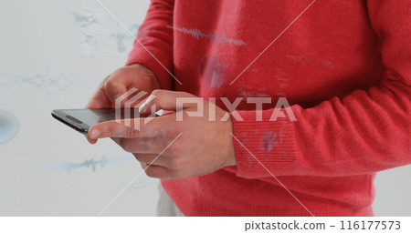 Image of financial data processing over caucasian businessman using smartphone Image of financial data processing over caucasian businessman using smartphone 116177573