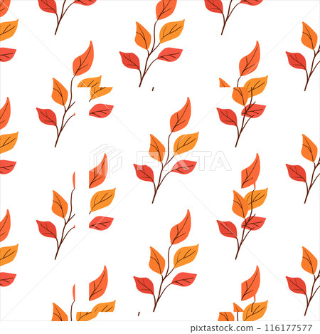 Seamless pattern autumn branch. Simple Plant.Orange and yellow leaves on a white background. Ornament in Scandinavian style 116177577