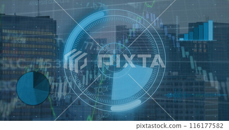 Image of round scanner, statistical and stock market data processing against view of cityscape 116177582