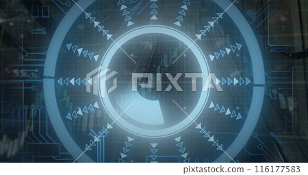 Image of round scanner, microprocessor connections and financial data processing over escalator 116177583