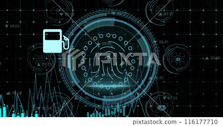 Image of data processing and digital icon over biometric fingerprint scanner on black background 116177710