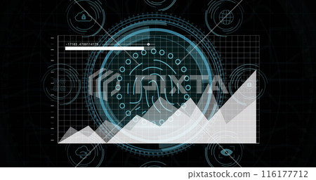Image of statistical data processing against digital icons and biometric fingerprint scanner 116177712