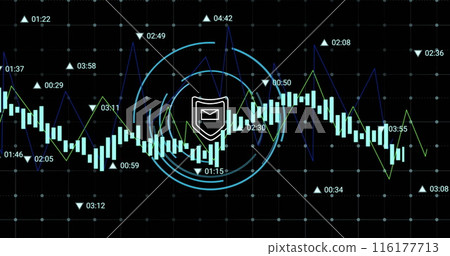 Image of data processing over security shield icon on round scanner against black background 116177713