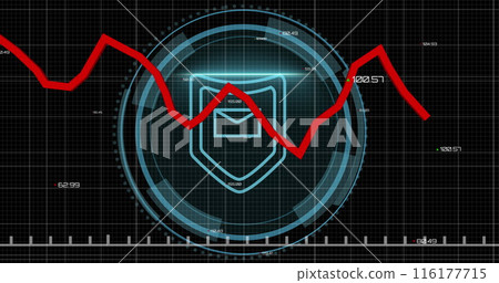 Image of red line, padlock and data processing over black background 116177715