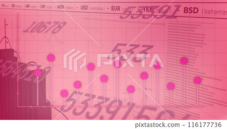 Image of changing numbers, statistical and stock market data processing against pink background Image of changing numbers, statistical and stock market data processing against pink background 116177736