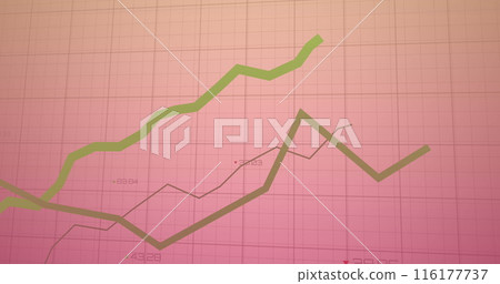 Image of statistical data processing over grid network against pink gradient background 116177737