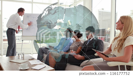 Image of spinning globe against caucasian businessman giving a presentation at office 116177752