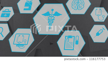 Image of multiple medical icons moving against textured grey background 116177753