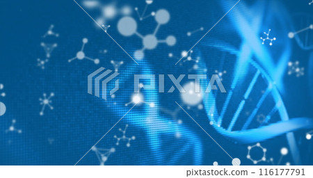 Image of spinning dna and molecular structures against blue background 116177791