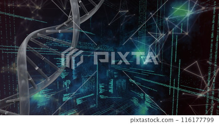 Image of ticking clock and spinning dna structure against data processing and plexus networks 116177799