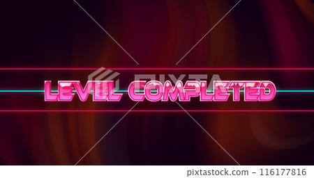 Image of glitch effect over level completed text against red digital wave on black background 116177816