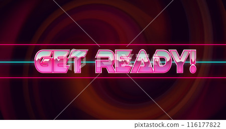 Image of glitch effect over get ready text banner against red digital wave on black background 116177822