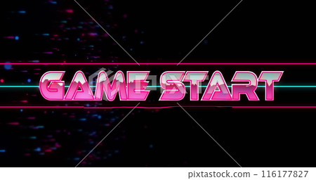 Image of glitch effect over game start text against blue and red spots on black background 116177827